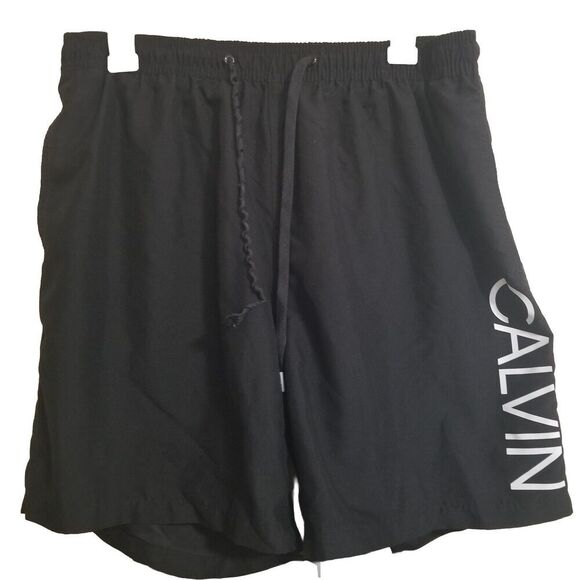 Calvin Klein Swim Trunks Mens Large Black White Lettering Summer - Picture 1 of 2